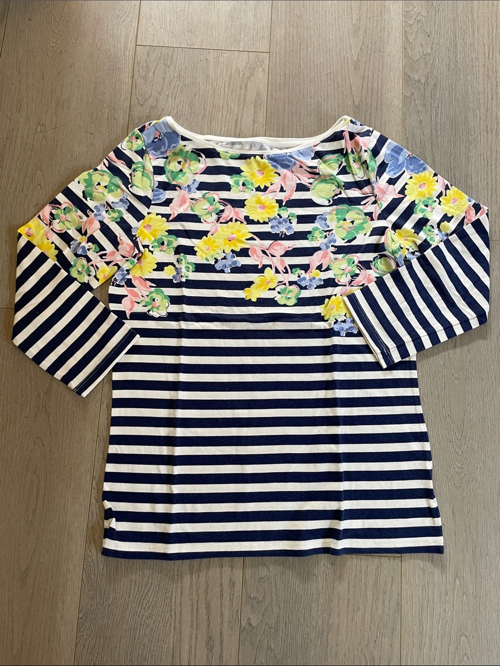 Talbots Navy & White Striped Floral 3/4 Sleeves Top